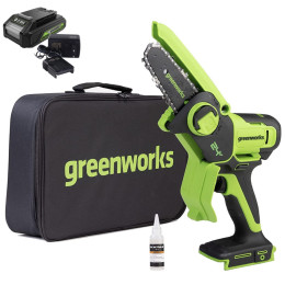 Аккумуляторная цепная мини-пила Greenworks G24MCS10K2 24В, в комплекте АКБ 2А/ч + ЗУ