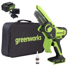 Аккумуляторная цепная мини-пила Greenworks G24MCS10K4 24В, в комплекте АКБ 4А/ч + ЗУ