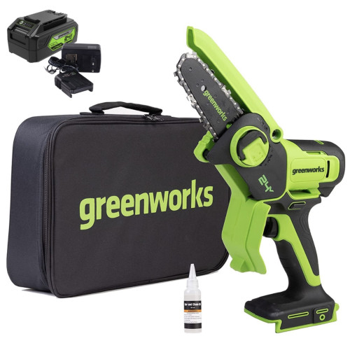 Аккумуляторная цепная мини-пила Greenworks G24MCS10K4 24В, в комплекте АКБ 4А/ч + ЗУ