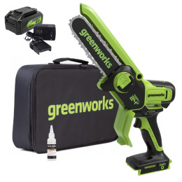 Аккумуляторная цепная мини-пила Greenworks GD24CSMNXK4 24В, в комплекте АКБ 4А/ч + ЗУ